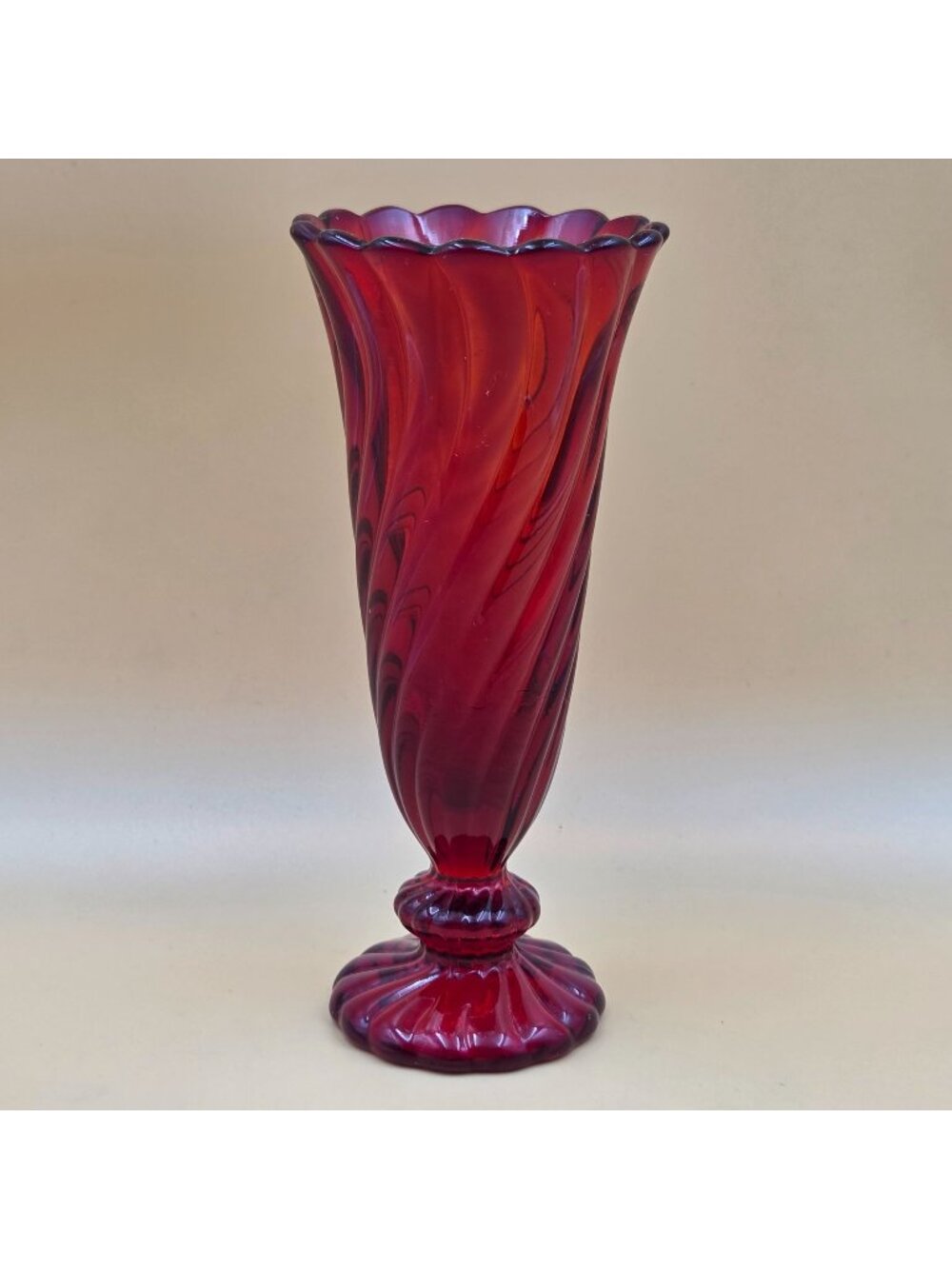 Fostoria Maypole Ruby Red Glass 6 Inch Bud Vase Swirl Footed Vintage